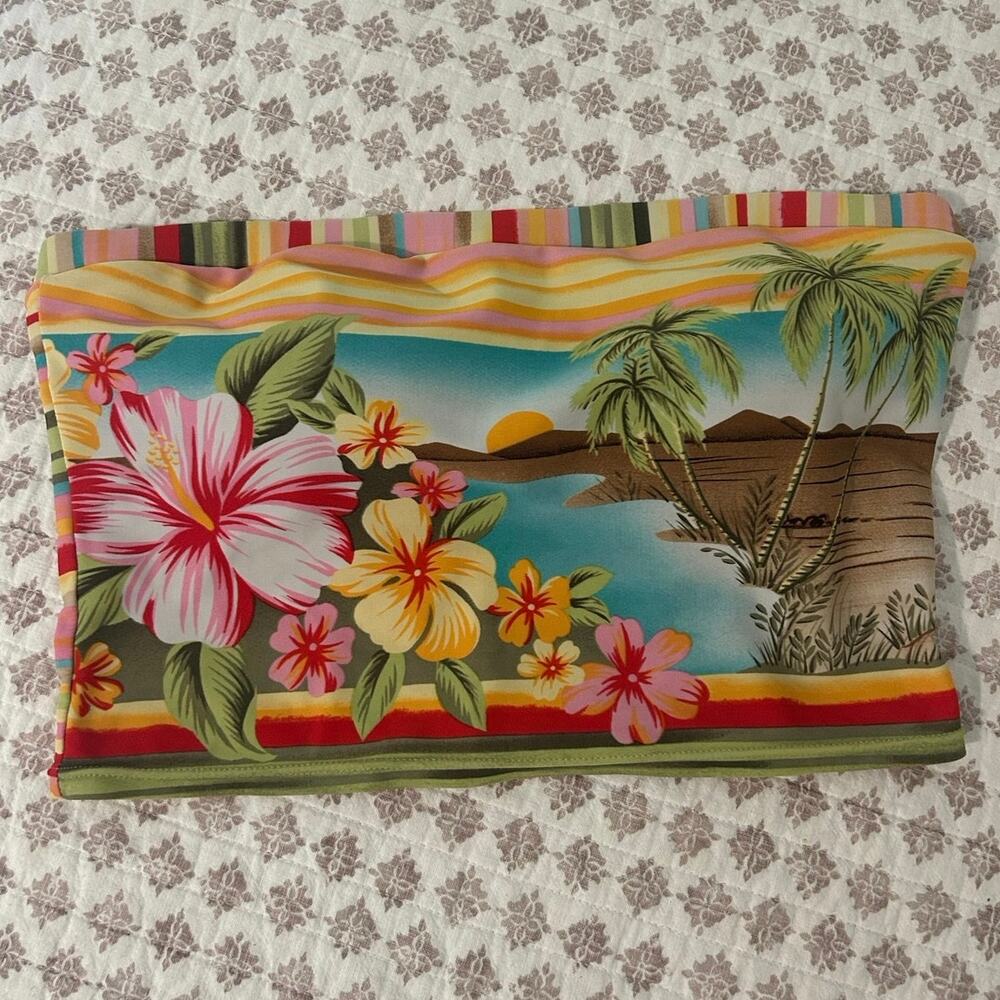 VTG Malibu Dream Girl Bikini Top Bandeau Swimsuit Strapless Striped Rainbow EUC